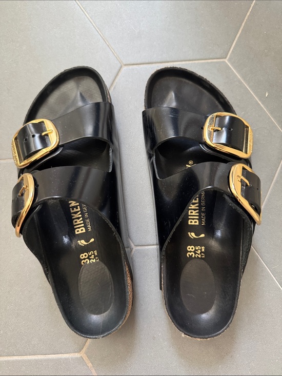 Birkenstock Shoes - Birkenstock Black Patent Sandals with Gold Buckles